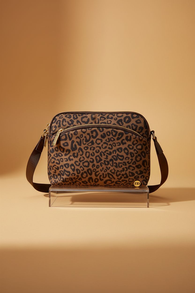 MEXS brown leopard crossbody bag highlighting craftsmanship and adjustable strap.