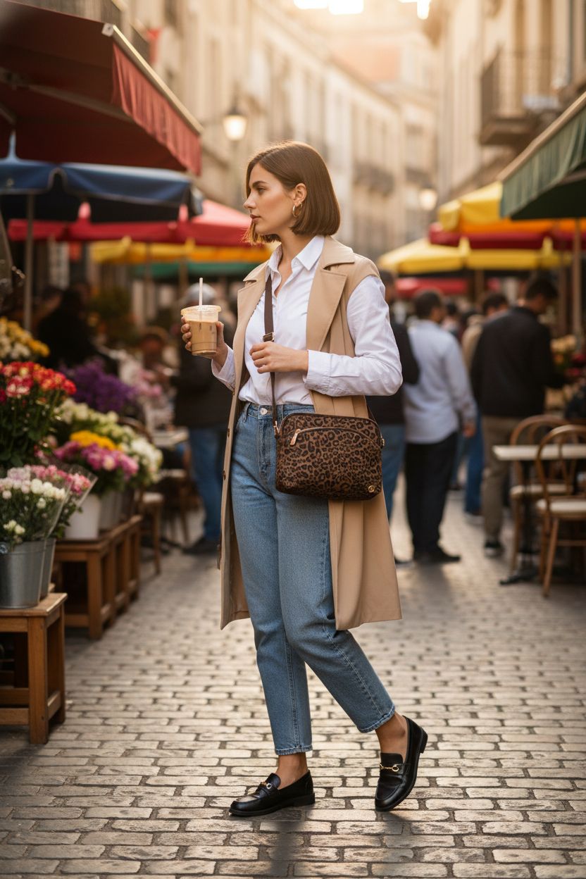 MEXS brown leopard crossbody bag in market setting, perfect for casual outings.