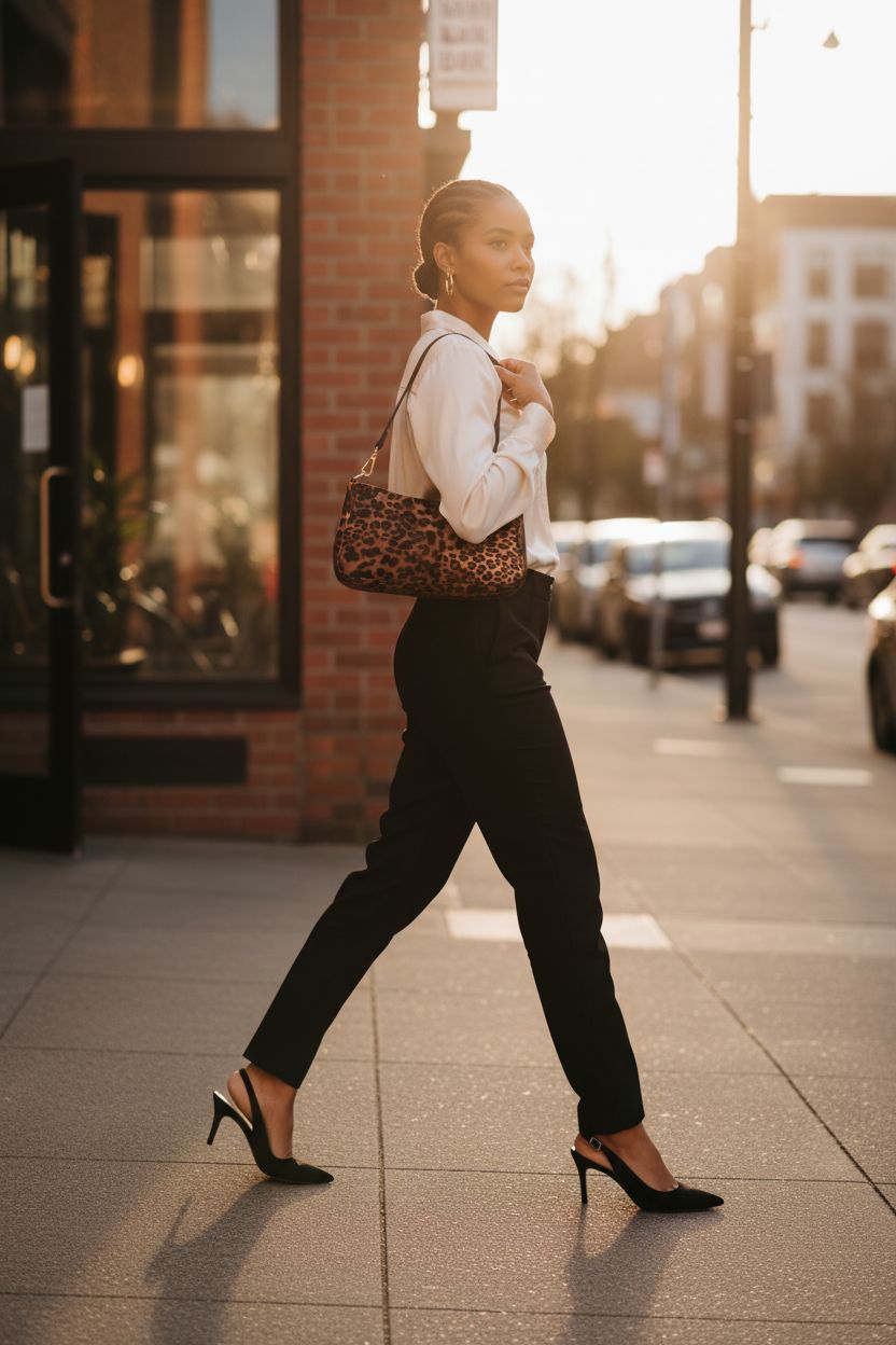 NEBIL leopard print shoulder bag in motion against a trendy urban backdrop.