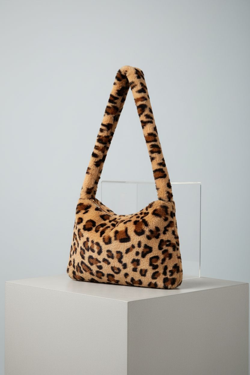 KPX leopard plush hobo bag displayed on cool-gray backdrop, emphasizing its unique design and quality.