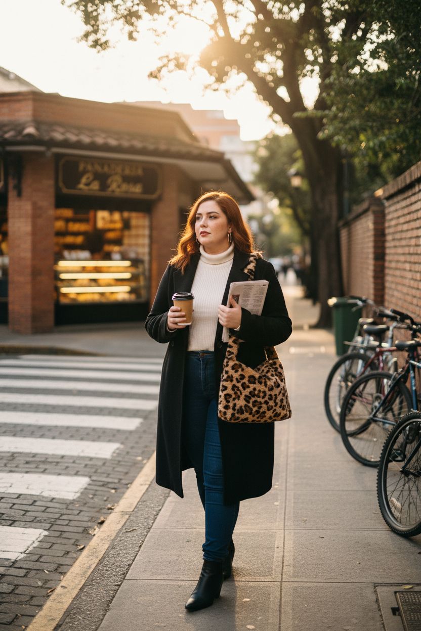 KPX leopard purse showcased against a black coat and cream turtleneck in golden hour light.