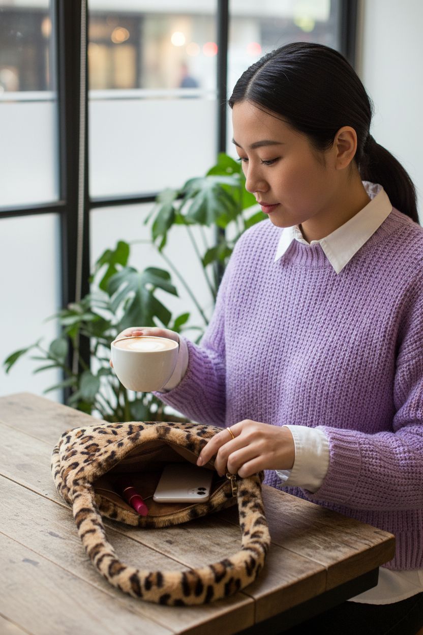 KPX leopard purse on café table, featuring plush texture and interior pockets for essentials.