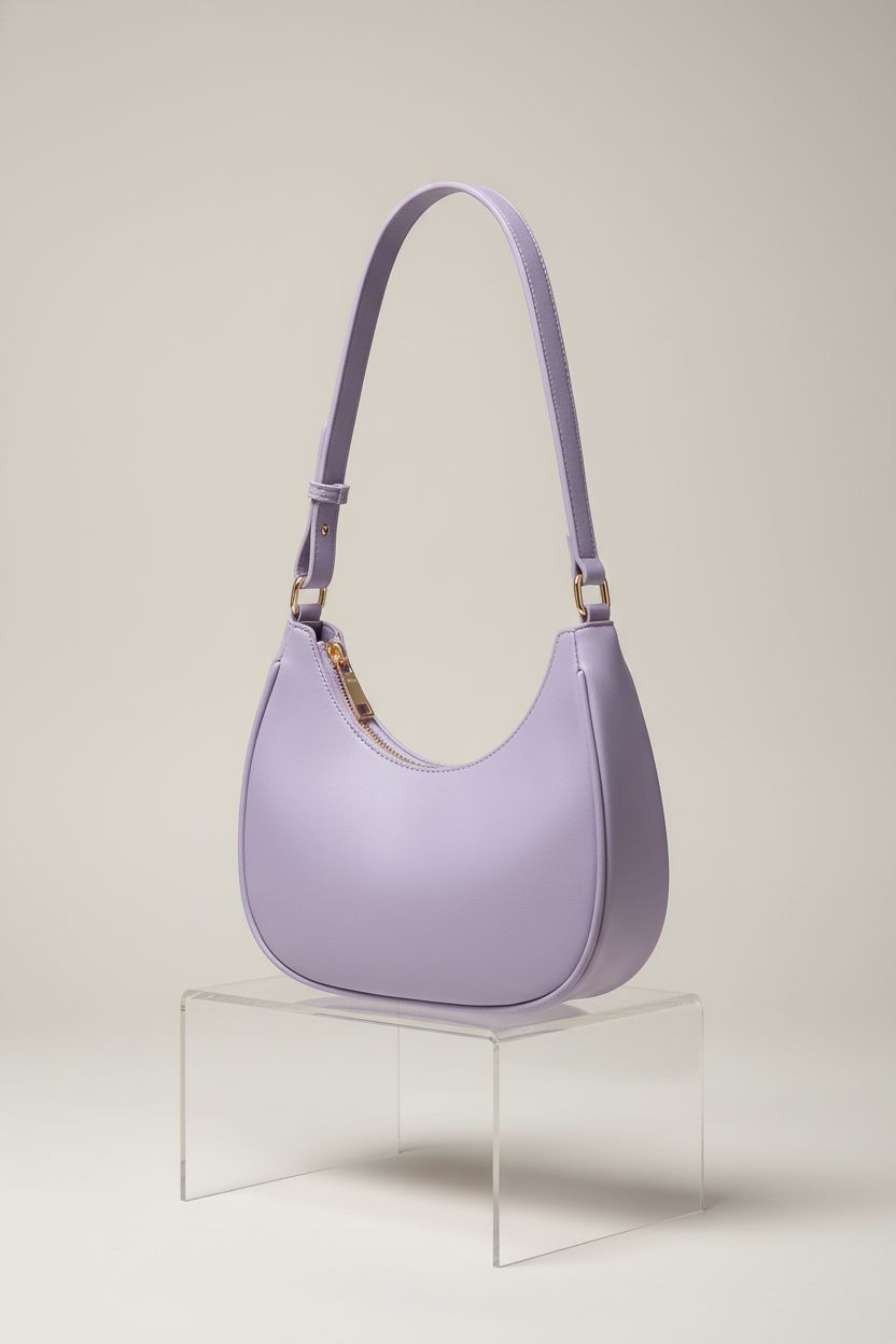 Product shot of light purple crescent bag by WSRYDJDL on a clear pedestal, emphasizing its smooth PU leather and gold accents.