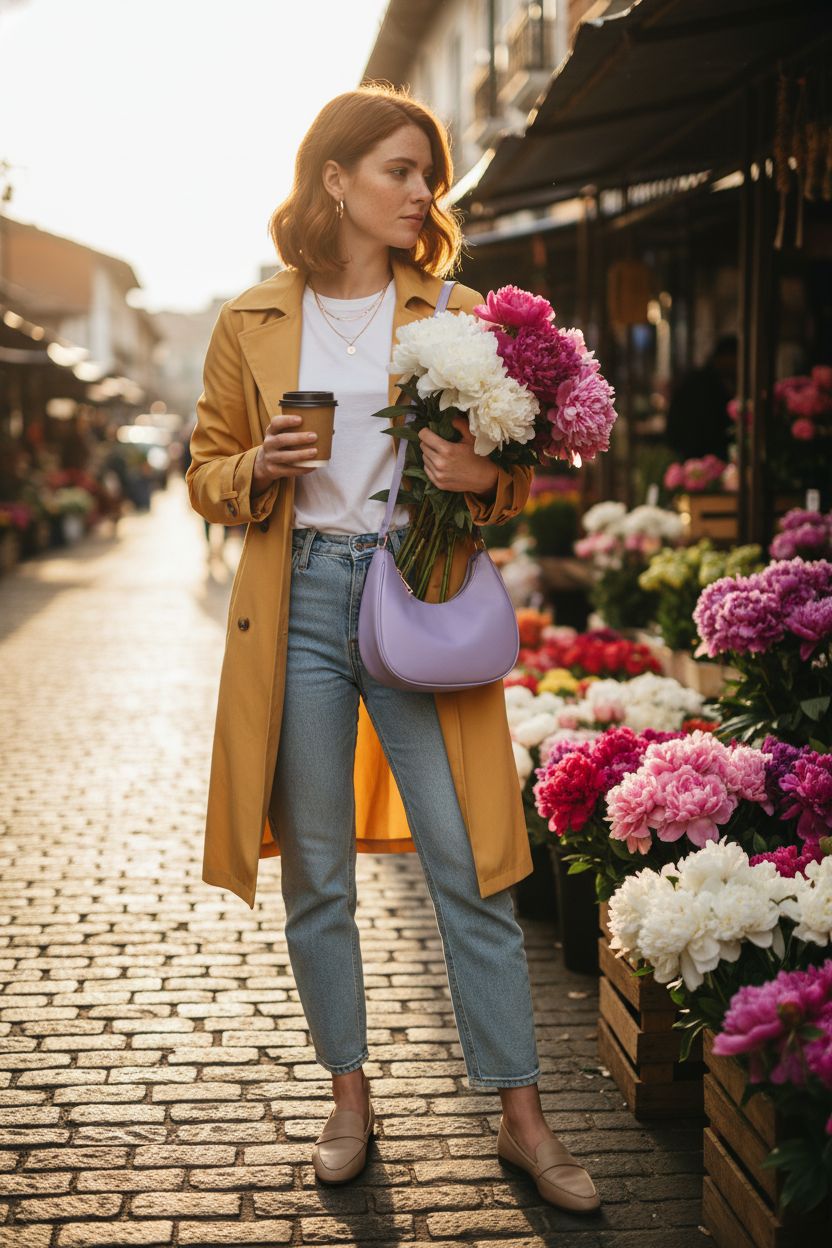 Light purple crescent hobo bag by WSRYDJDL held while browsing flowers at a farmers market, perfect for casual outings.