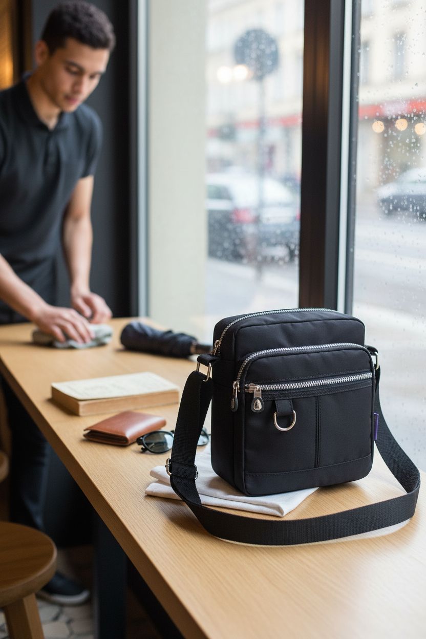 KARRESLY black nylon crossbody bag set on a cozy café table with daily essentials nearby after rain.
