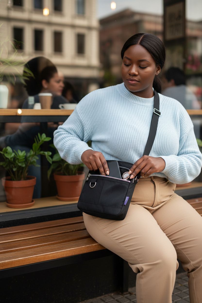 KARRESLY black nylon crossbody bag with front pockets, perfect for everyday use on a café bench.