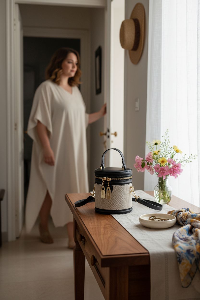 QsicTaco Retro Bucket Bag on a console, highlighting its stylish design for seniors