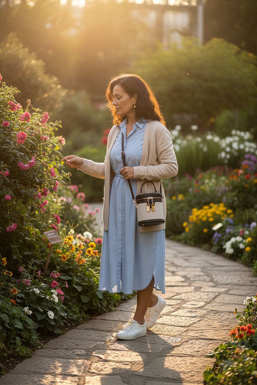 QsicTaco Crossbody Handbag in black at a botanical garden, perfect for seniors on the go