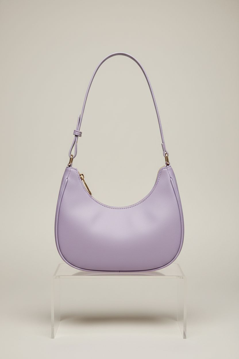WSRYDJDL lilac crescent shoulder bag showcased on a studio set.