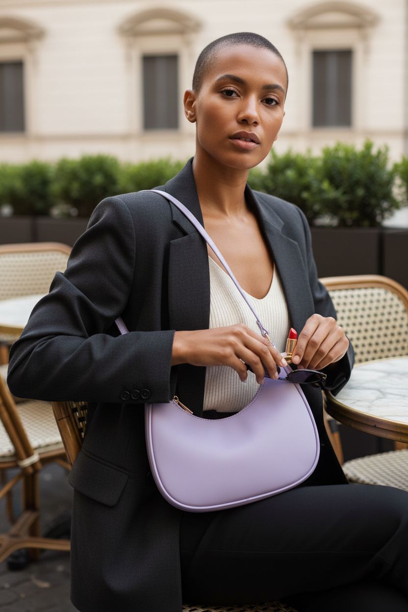 WSRYDJDL lilac hobo bag in a cafe setting, perfect for on-the-go essentials.