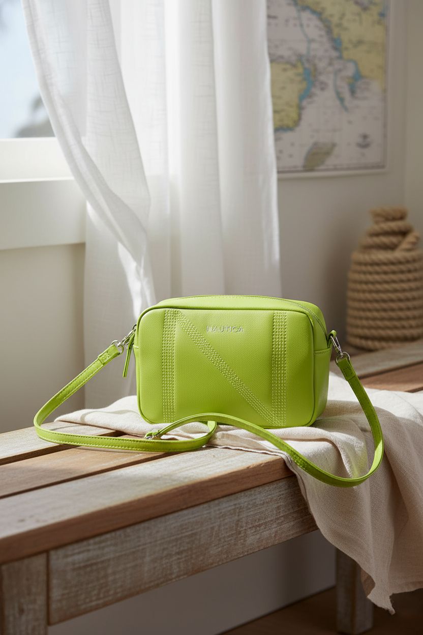 Lime green Nautica purse elegantly placed on a sunlit café table, ideal for relaxed moments.