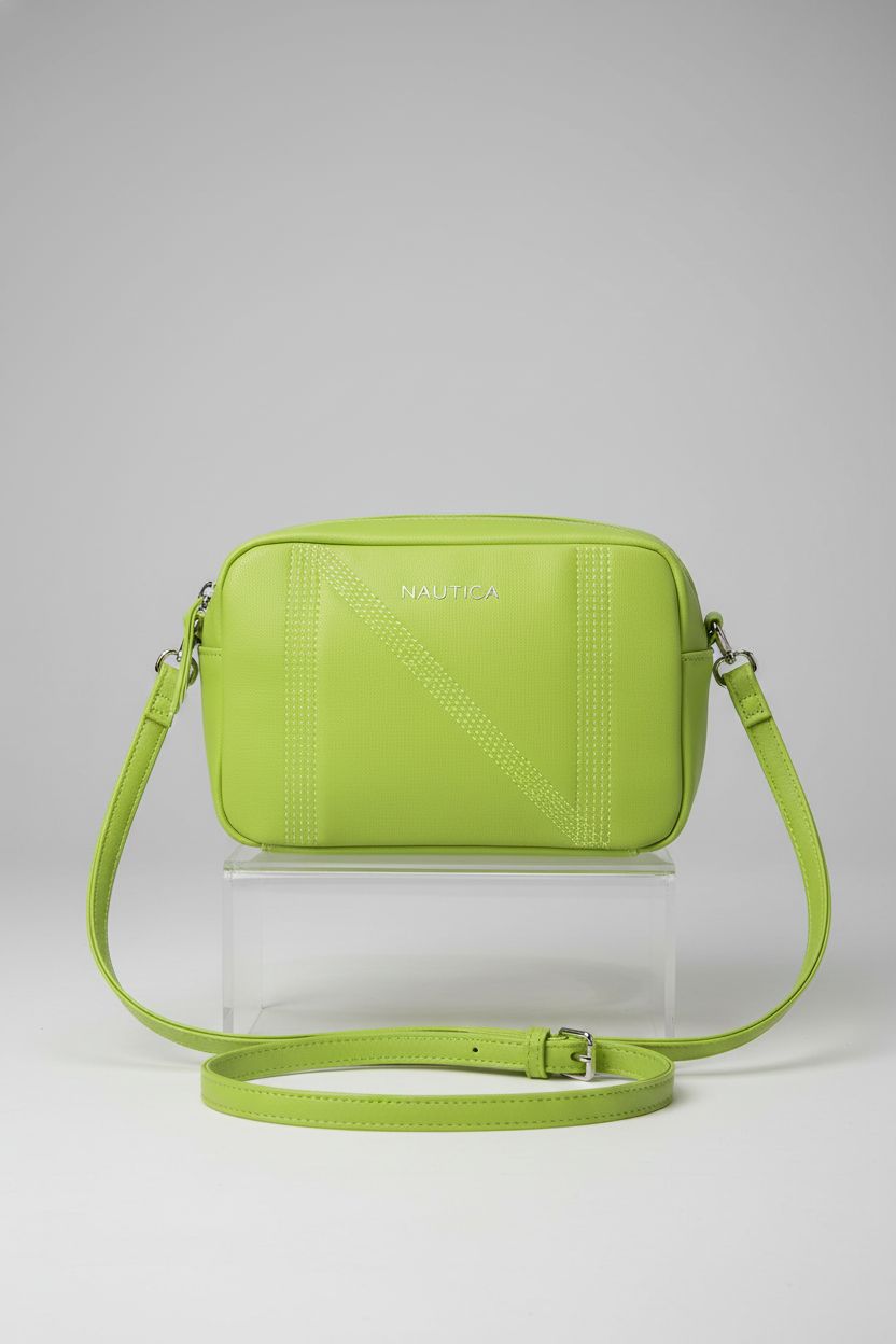 Close-up of Nautica lime green crossbody purse on a navy background, highlighting its design and texture.