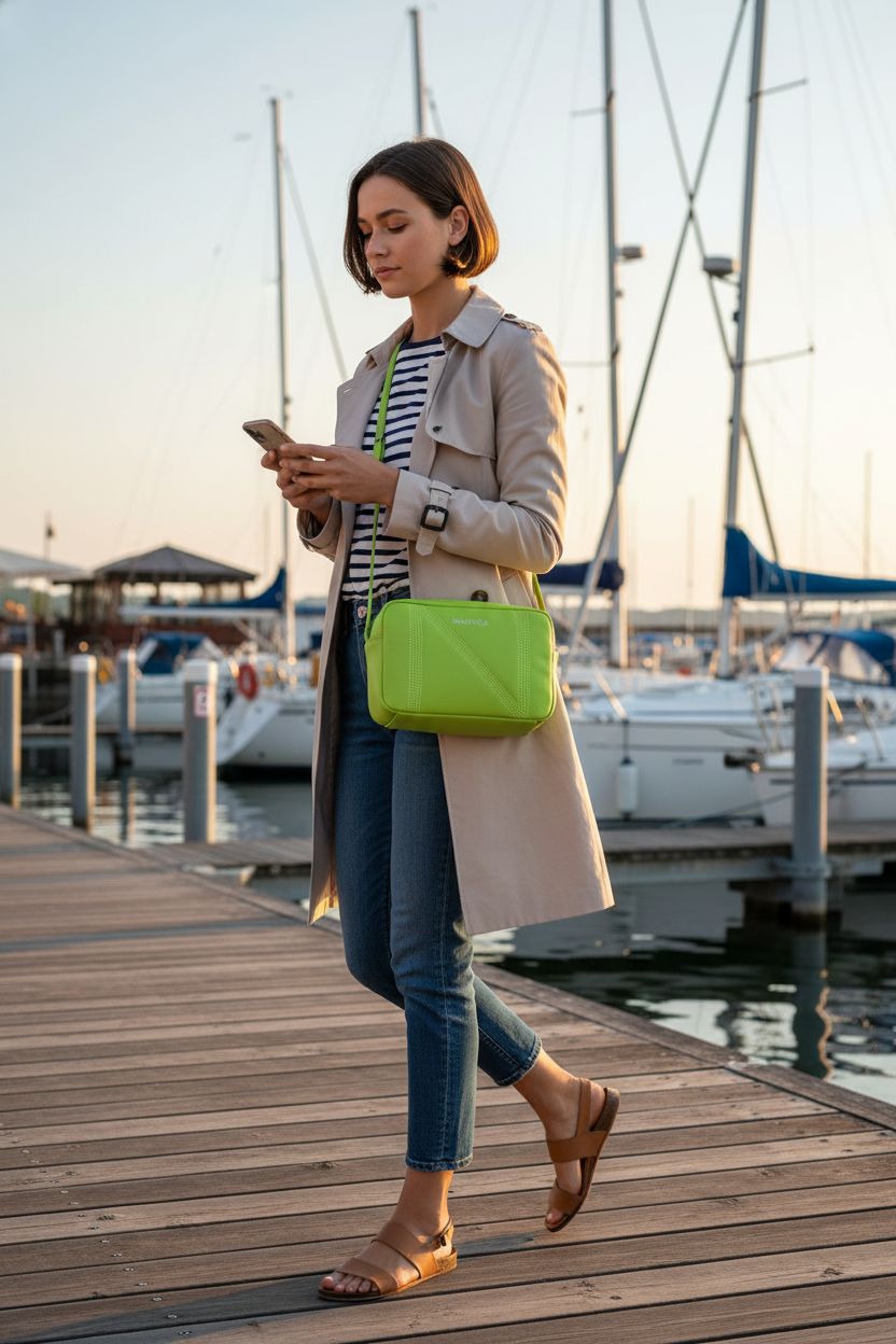 Bright lime green Nautica crossbody purse at a lively market, showcasing style and versatility.