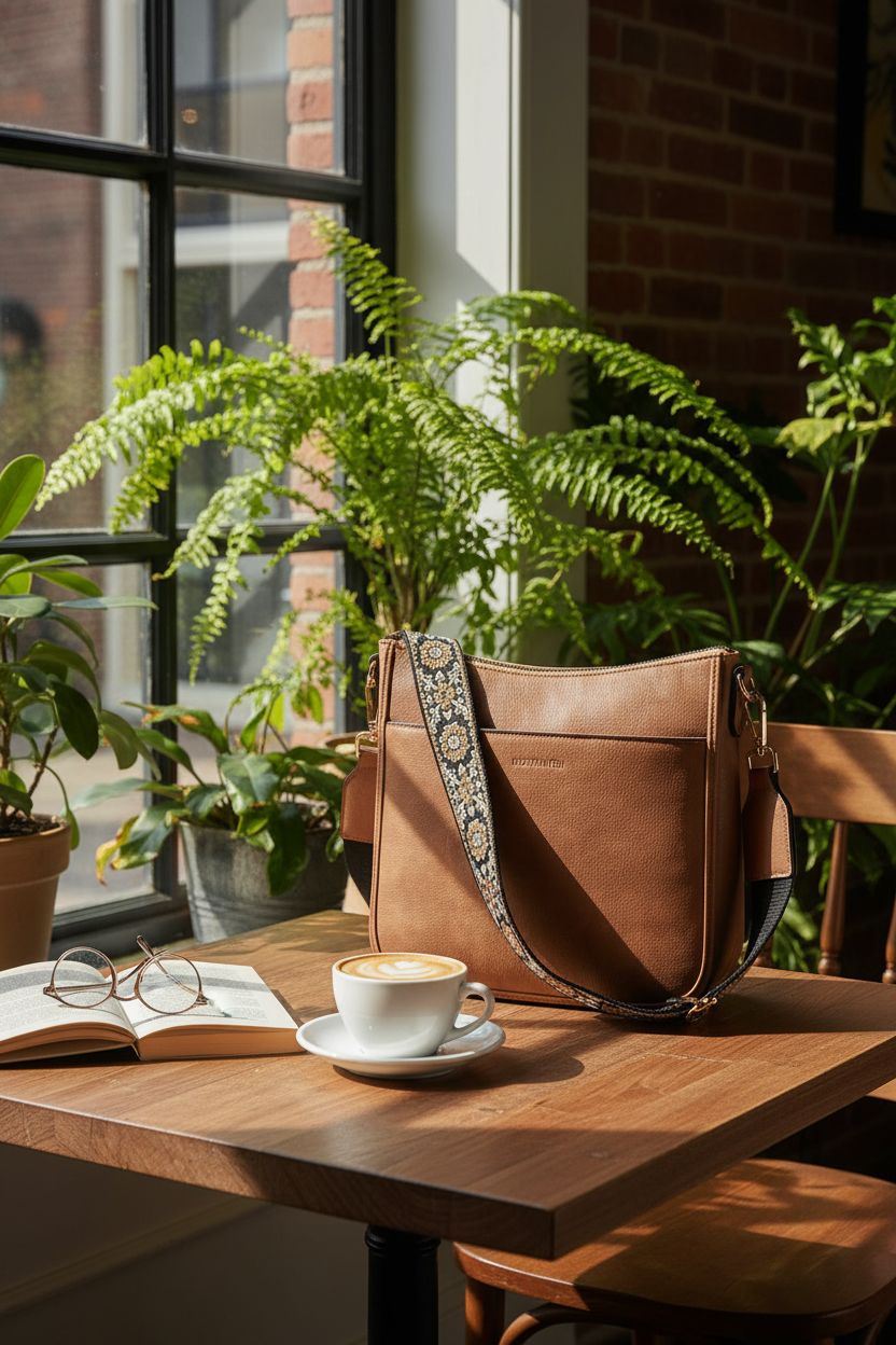 BOSTANTEN brown crossbody bag on a rustic table in a sunlit café