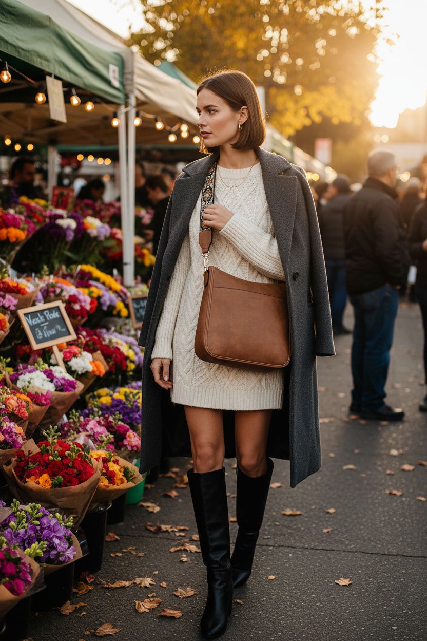 BOSTANTEN brown vegan leather crossbody bag with wide strap at a farmers market