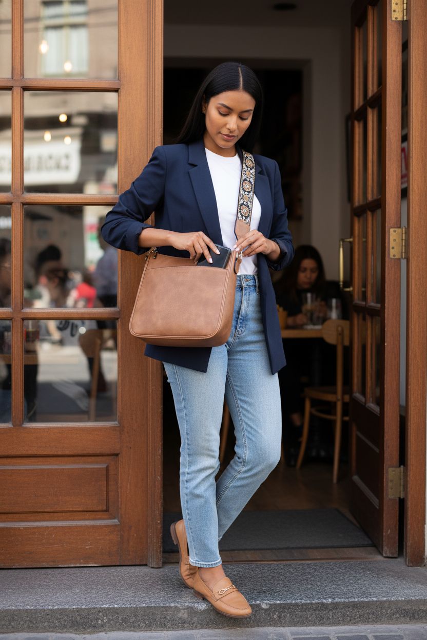 BOSTANTEN brown hobo purse with patterned strap at a café window