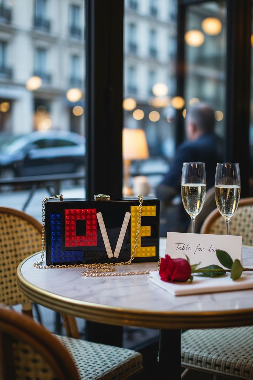 Elegant black acrylic Love Clutch by YYW on a marble table, showcasing its colorful design and gold chain.