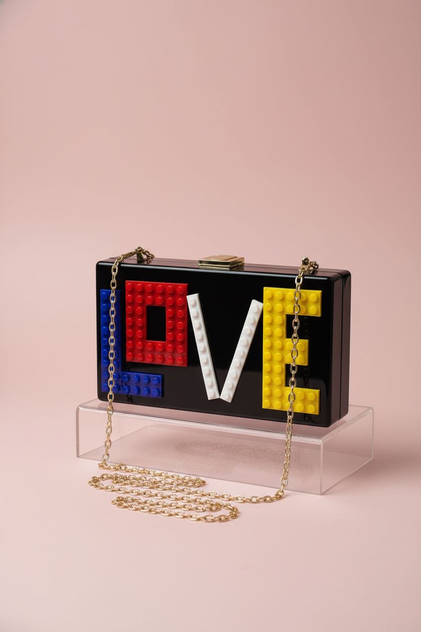 YYW Love Clutch in glossy black acrylic with studded LOVE texture and polished gold chain, a perfect accessory.