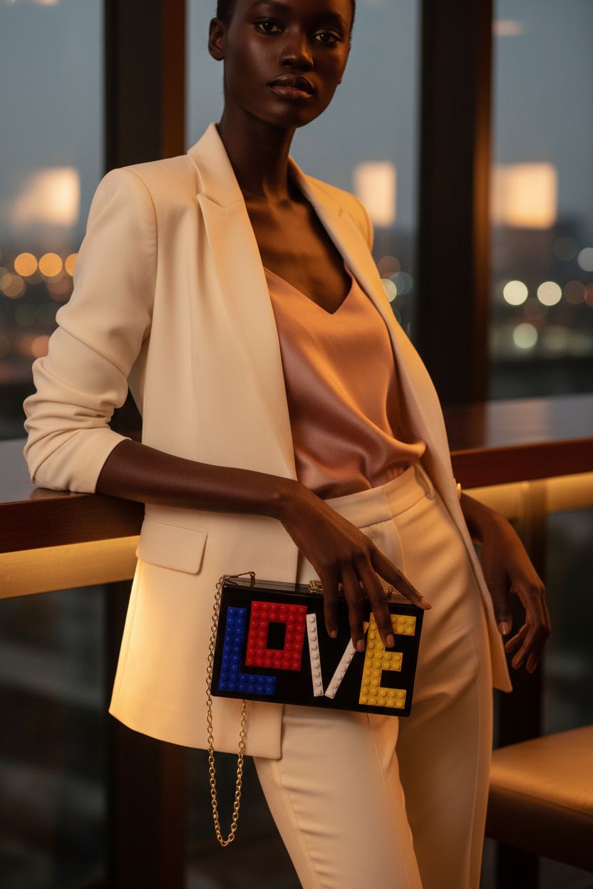 Black acrylic Love Clutch by YYW with colorful LOVE letters and gold chain, perfect for evening events.