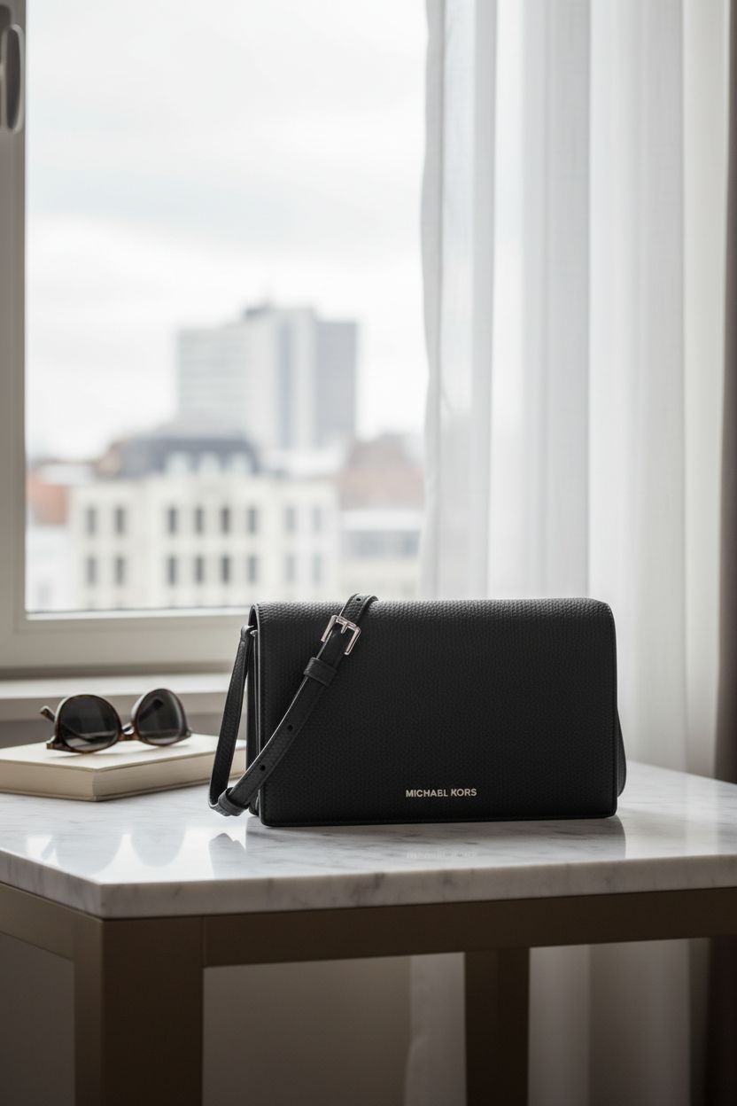 Michael Kors Jet Set Medium Flap Crossbody Bag resting elegantly on marble with a serene backdrop.