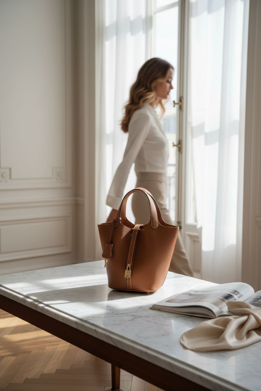 Hedexe brown leather bucket bag resting on marble console in sunlit apartment, exuding elegance.