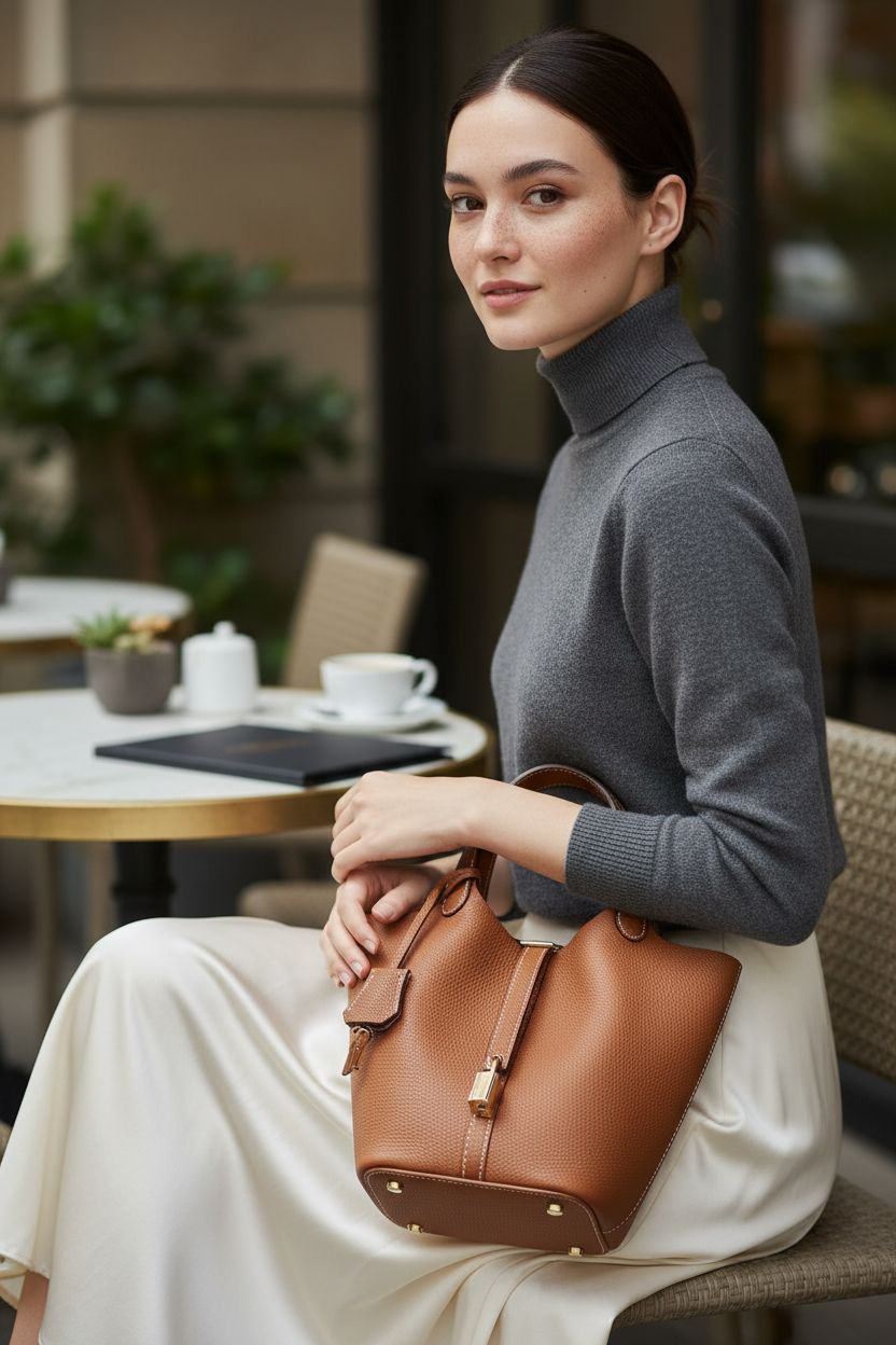 Hedexe brown leather bucket bag elegantly displayed at upscale café, ideal for chic outings.