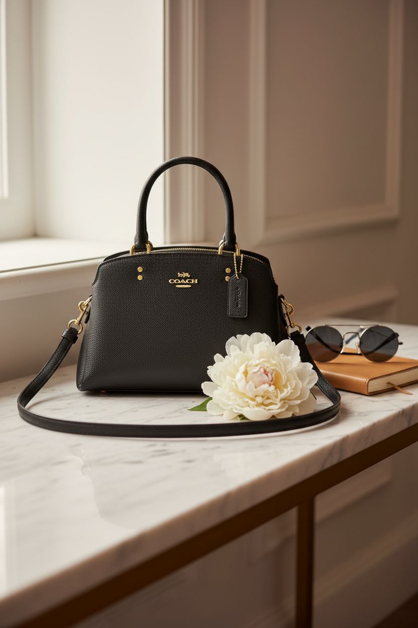 COACH Mini Lillie Carryall in black beside a white peony and sunglasses on marble console