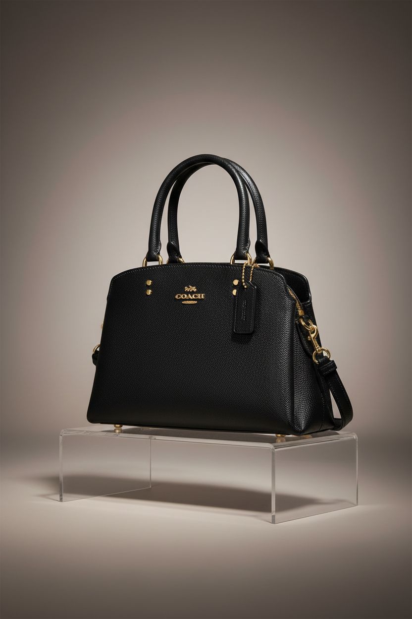 COACH Mini Lillie Carryall, black luxury handbag displayed on an acrylic riser in studio lighting