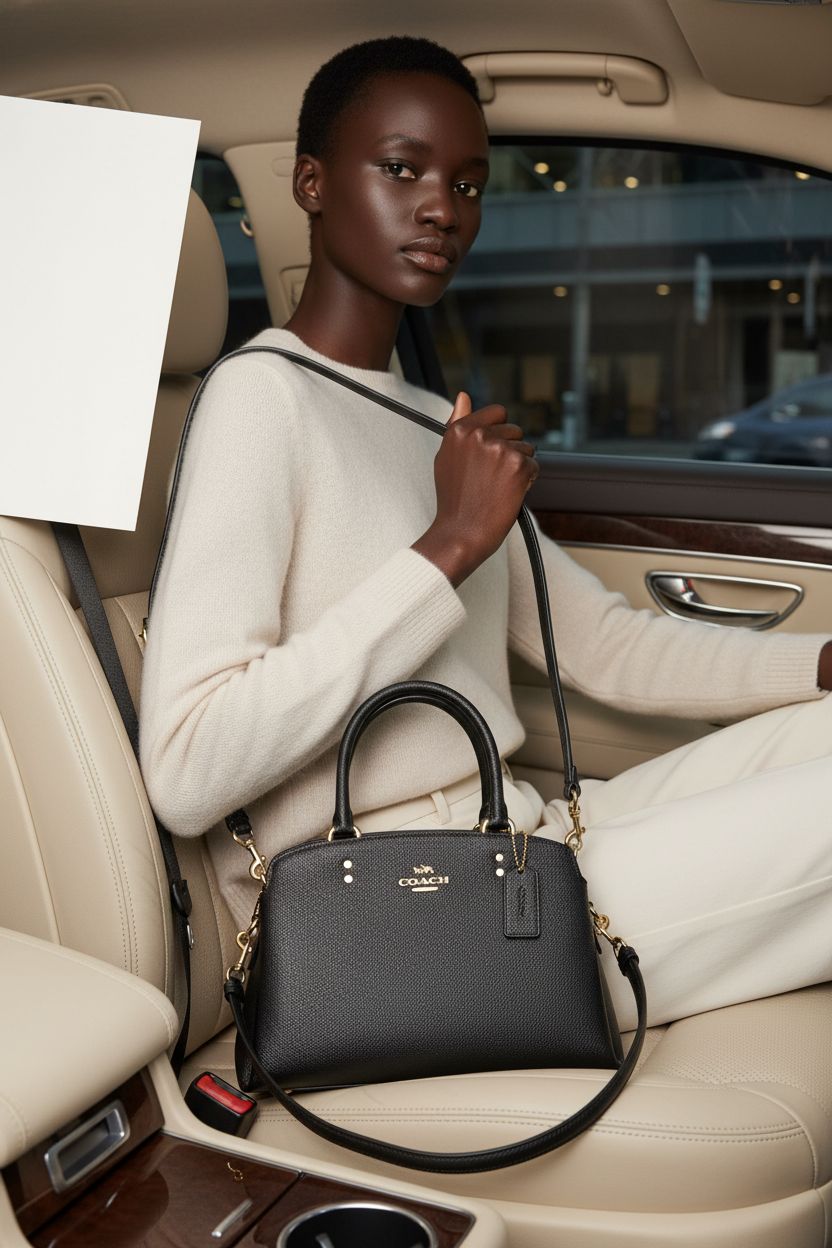 COACH Mini Lillie Carryall in black on a car seat, showcasing crossgrain texture and gold logo