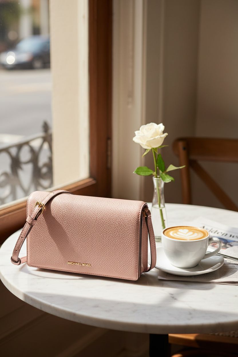 Serene café scene with Michael Kors soft pink crossbody bag on a marble table.