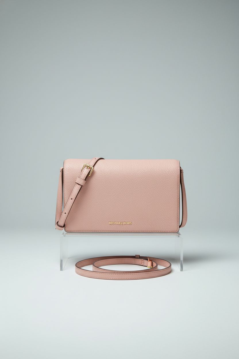 Product shot of Michael Kors soft pink Jet Set crossbody bag with gold-tone hardware.