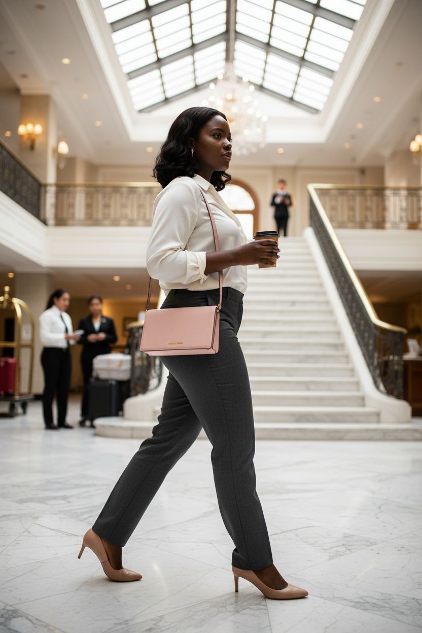Michael Kors soft pink Jet Set crossbody bag in luxury boutique-hotel lobby.