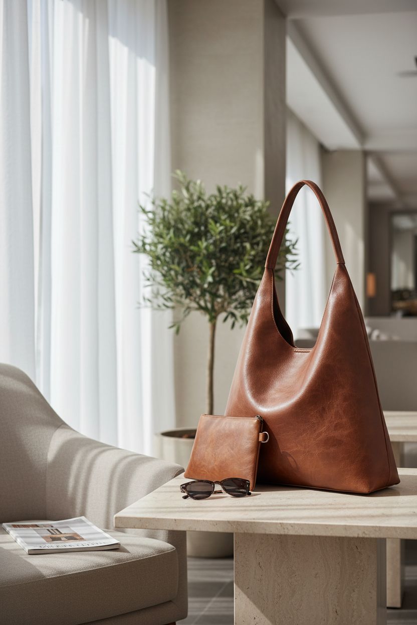 Utenwat brown vegan hobo bag on a café table, surrounded by minimalist décor and soft lighting.