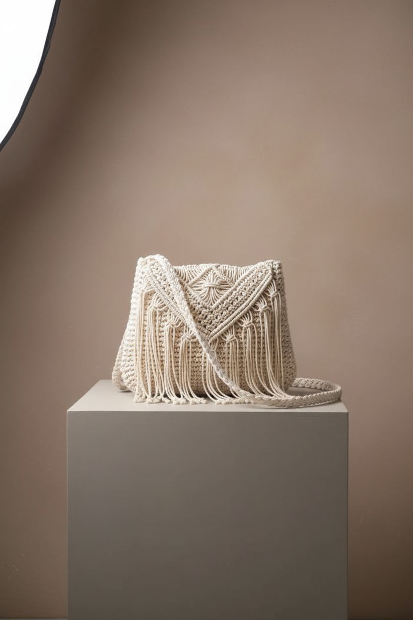 Detailed view of Caissip cream macrame purse showcasing quality craftsmanship.