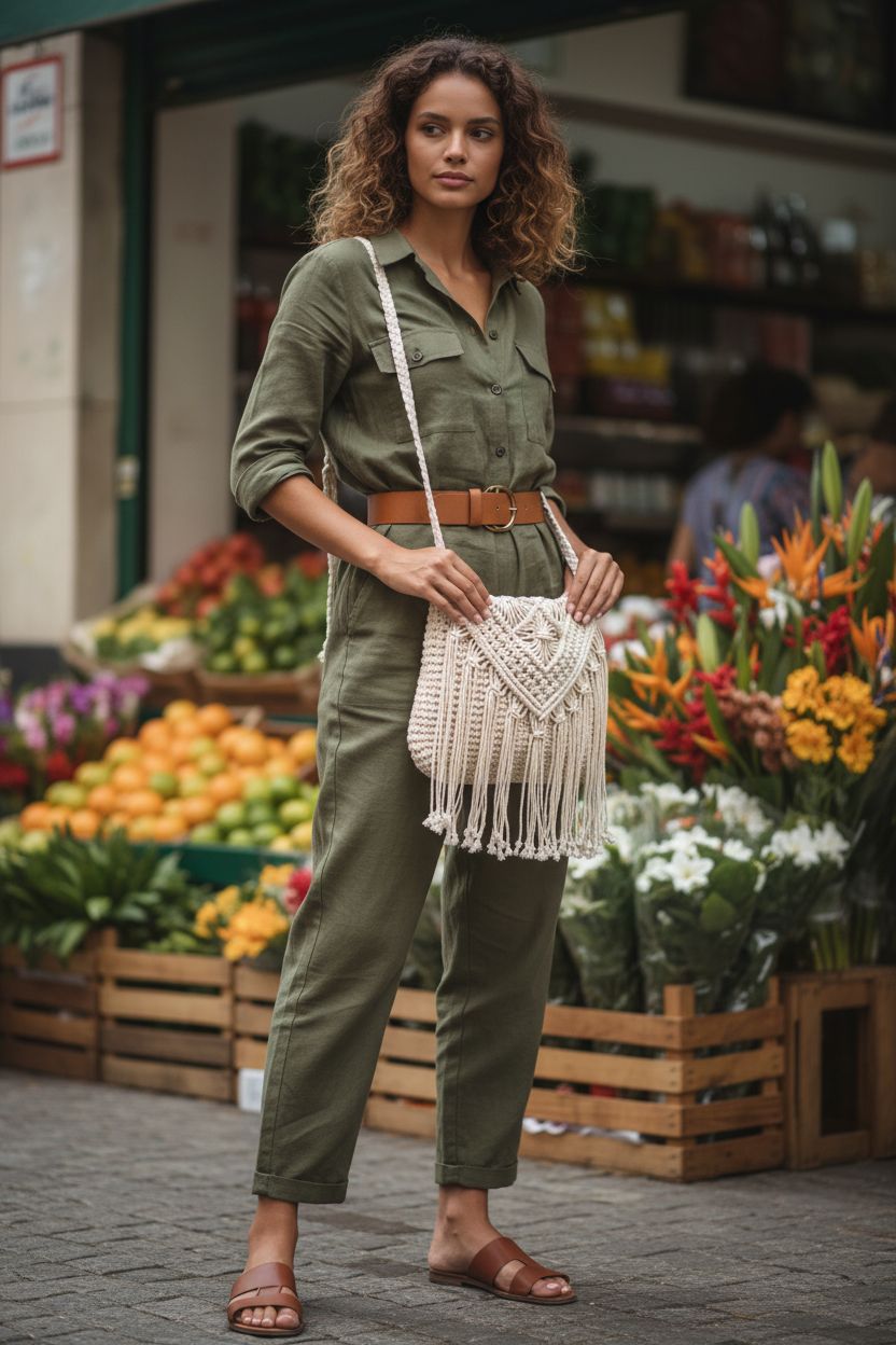 Cream macrame hobo purse by Caissip, stylishly positioned among market crates.