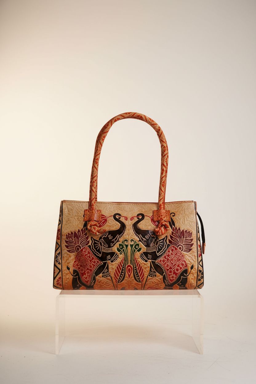 Premium presentation of Crafts of India leather bag, highlighting its embossed elephant design and quality materials.
