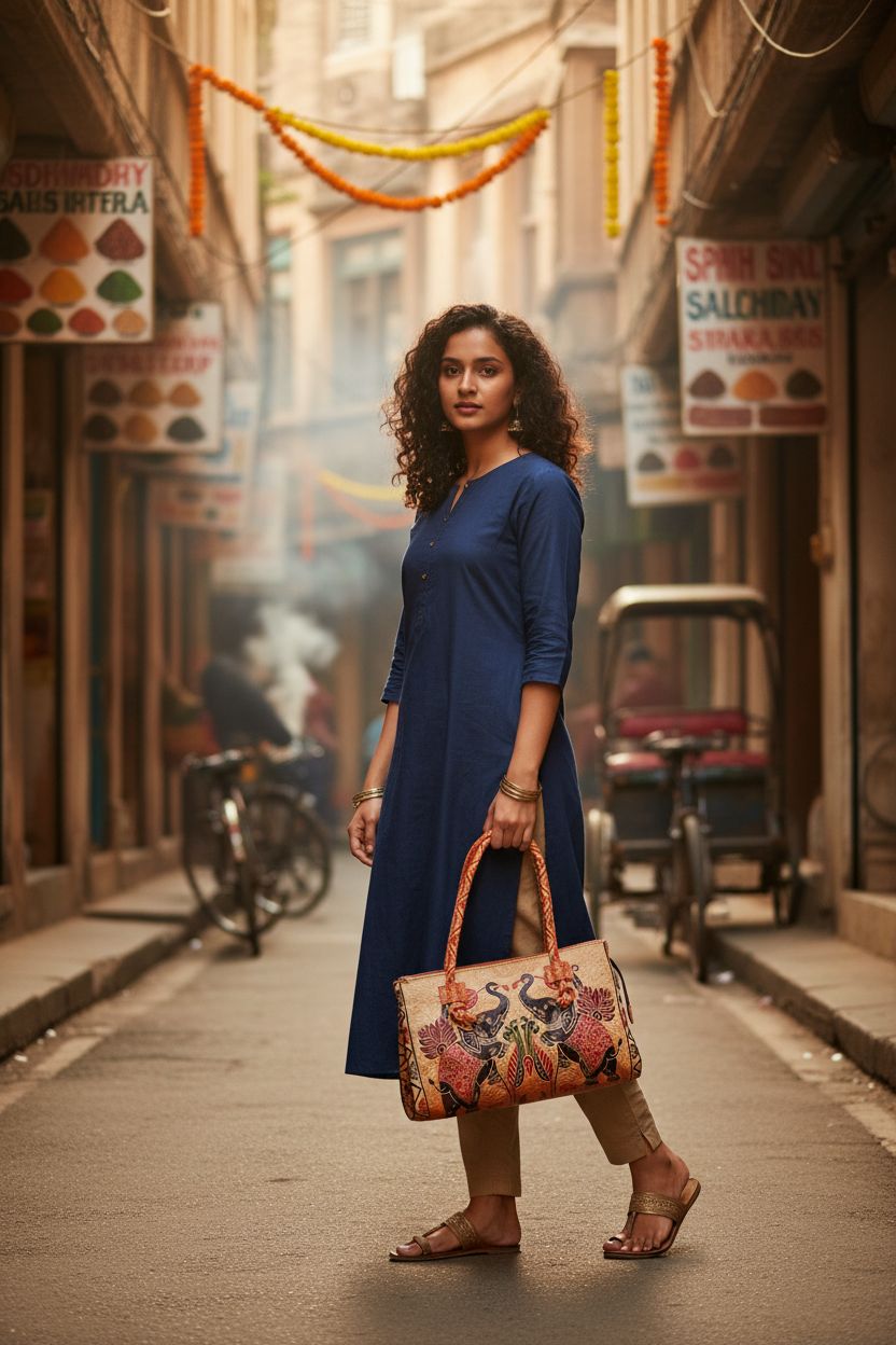 Shantiniketan leather shoulder bag in a vibrant bazaar, featuring intricate elephant motifs and a warm color palette.