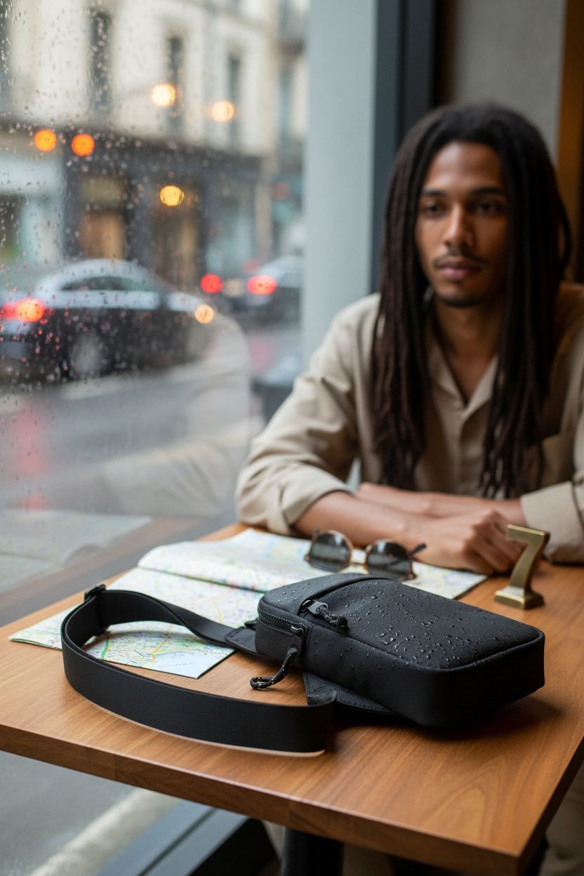 higouta Mini Sling Bag beside a map in a cozy café, perfect for travel and leisure