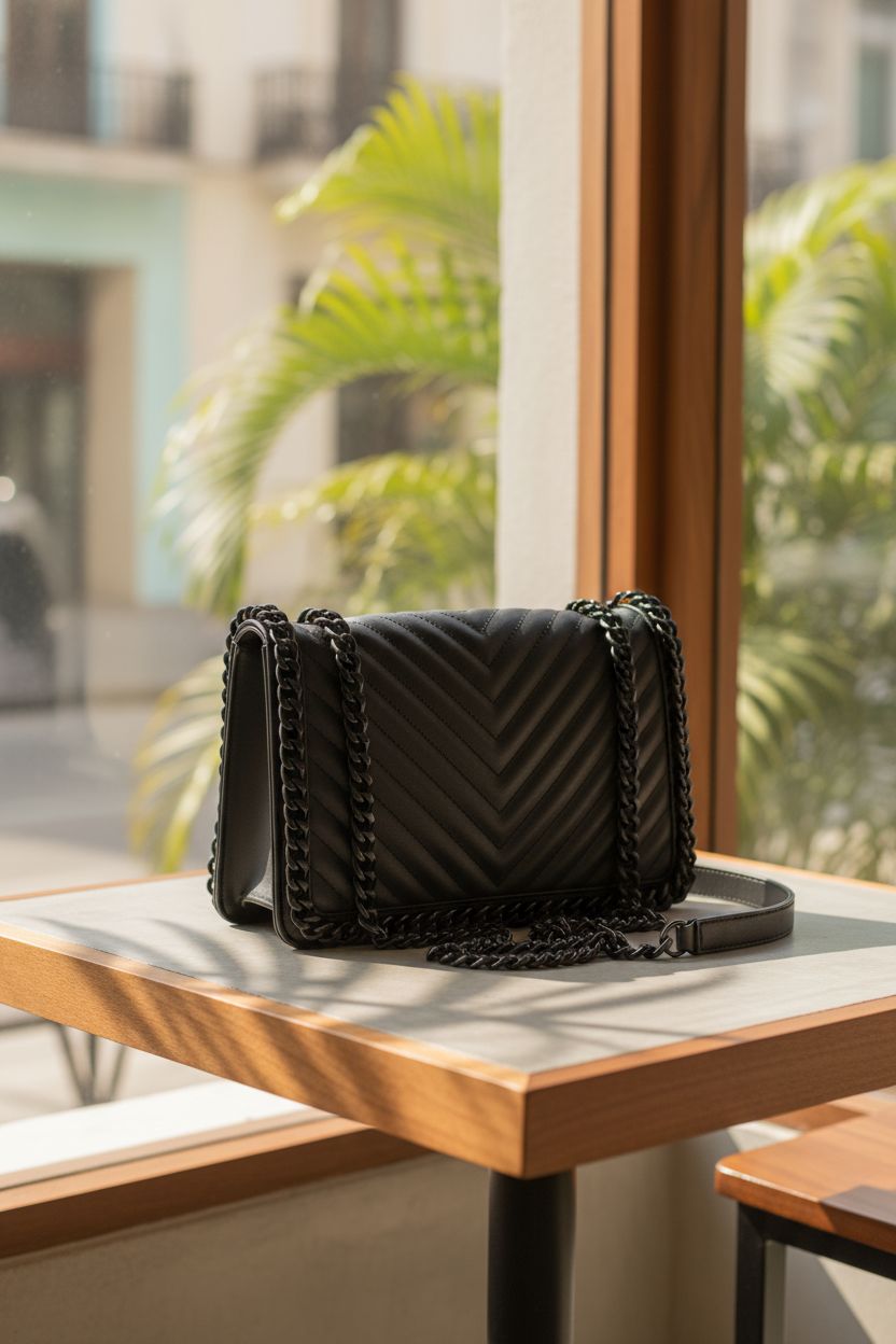 ALDO matte black crossbody bag resting on a café table, exuding elegance and style.