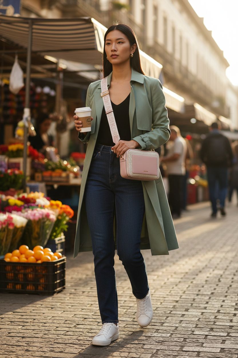 Michael Kors Maeve Crossbody Bag in a chic outdoor market scene, showcasing its stylish design