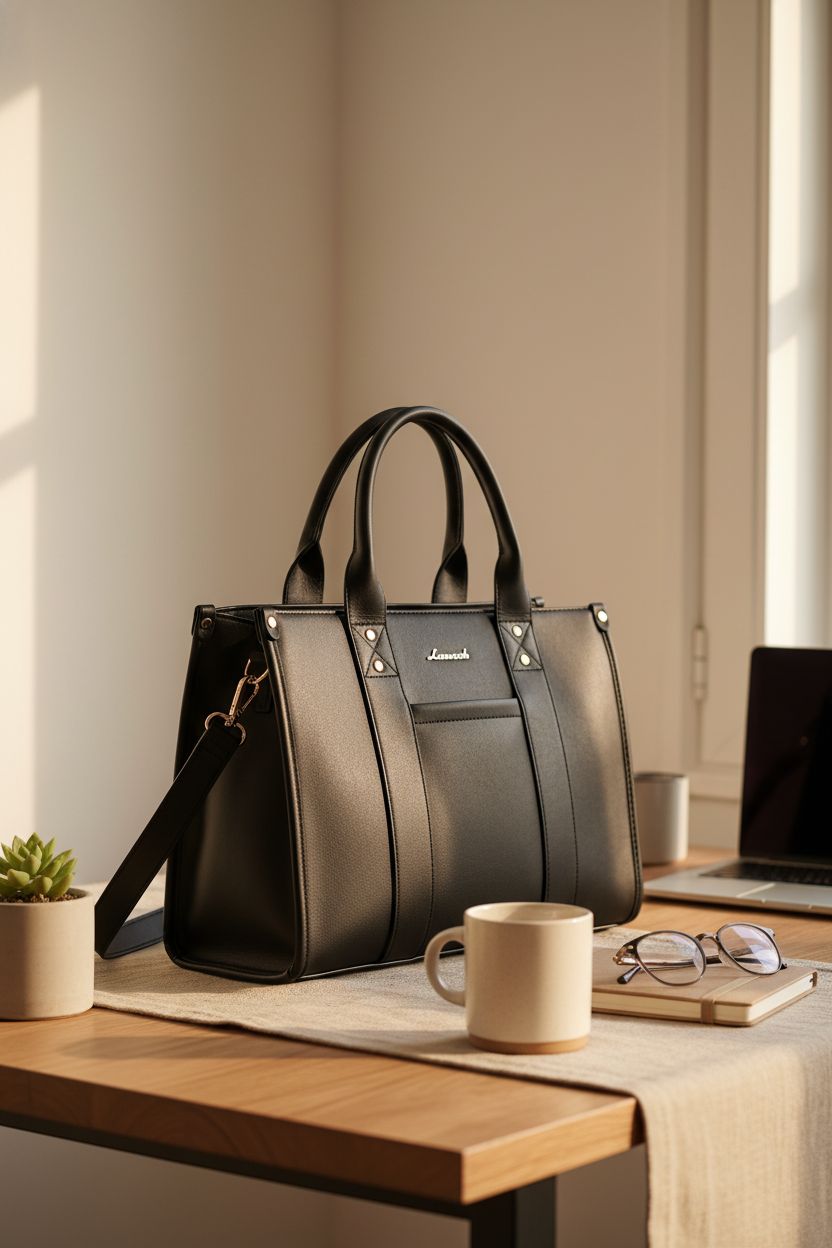 LOVEVOOK black bag resting on a natural oak desk, surrounded by cozy home office elements for a relaxed vibe.