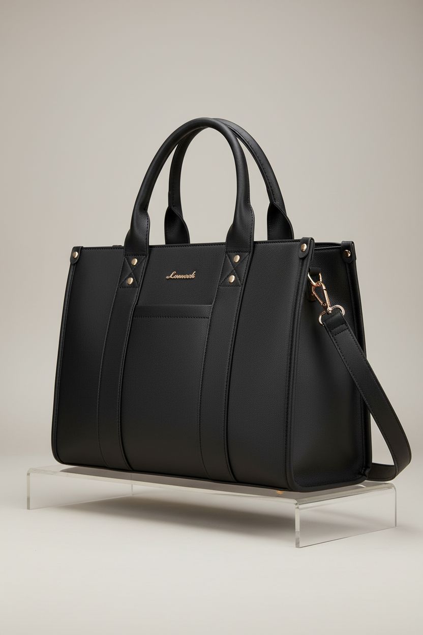 LOVEVOOK vegan leather purse displayed elegantly on acrylic riser, highlighting its sleek design and gold hardware.