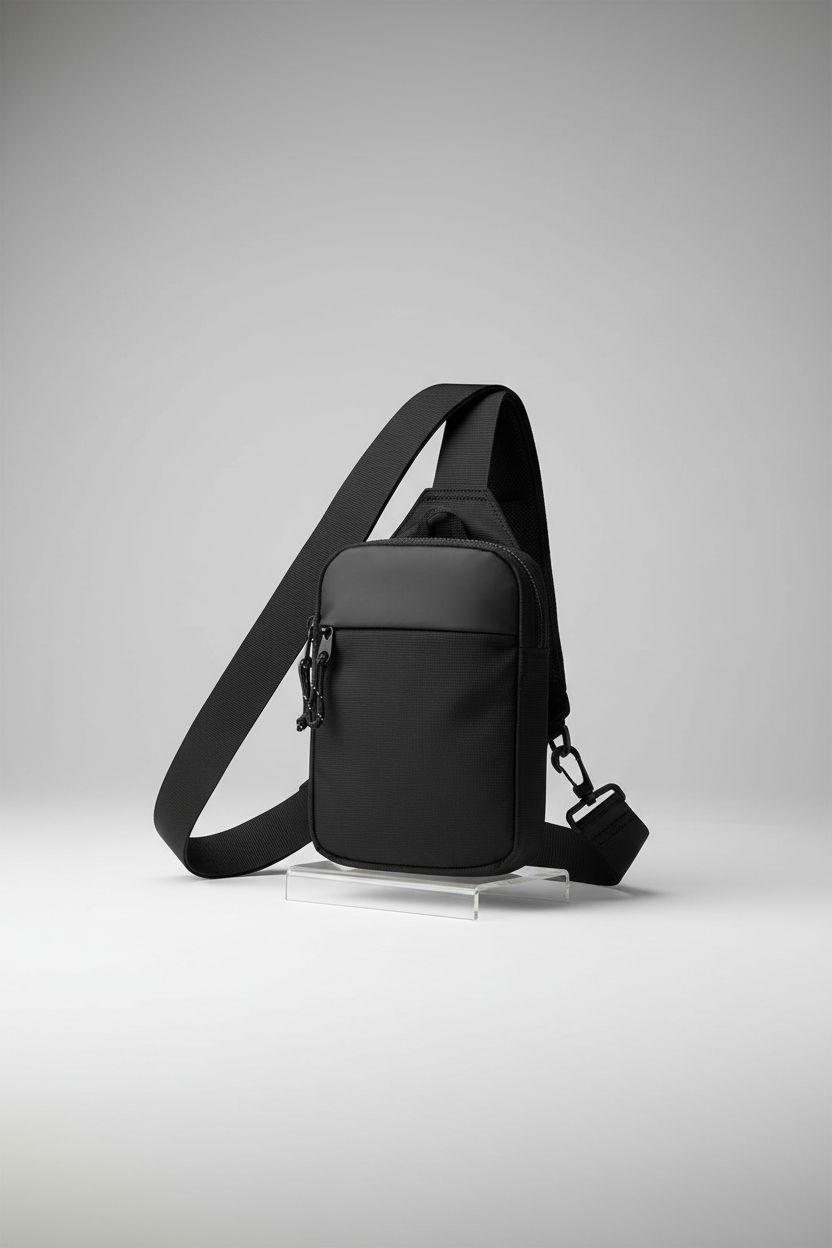 Detailed view of higouta Mini Sling Bag showcasing its 500D nylon grain and practical features.