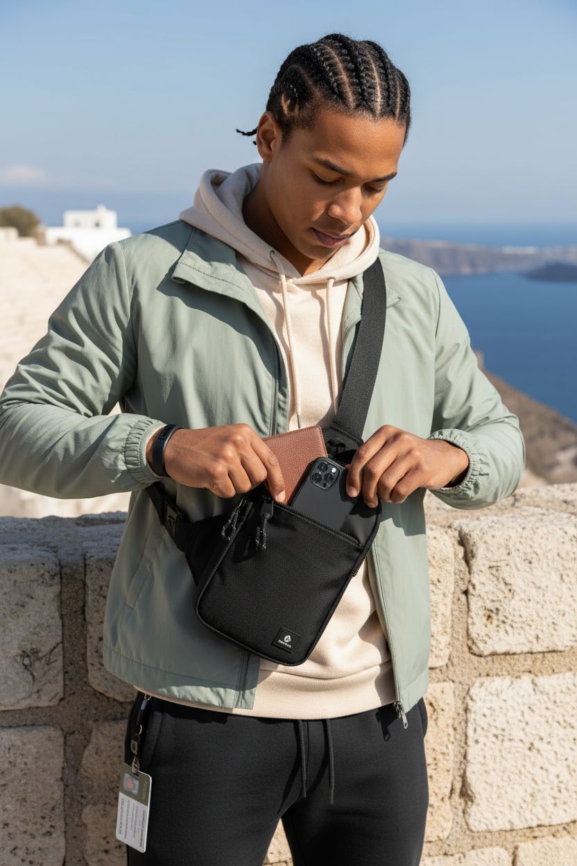 Man adjusting higouta Mini Sling Bag, highlighting its black nylon texture and reflective accents.