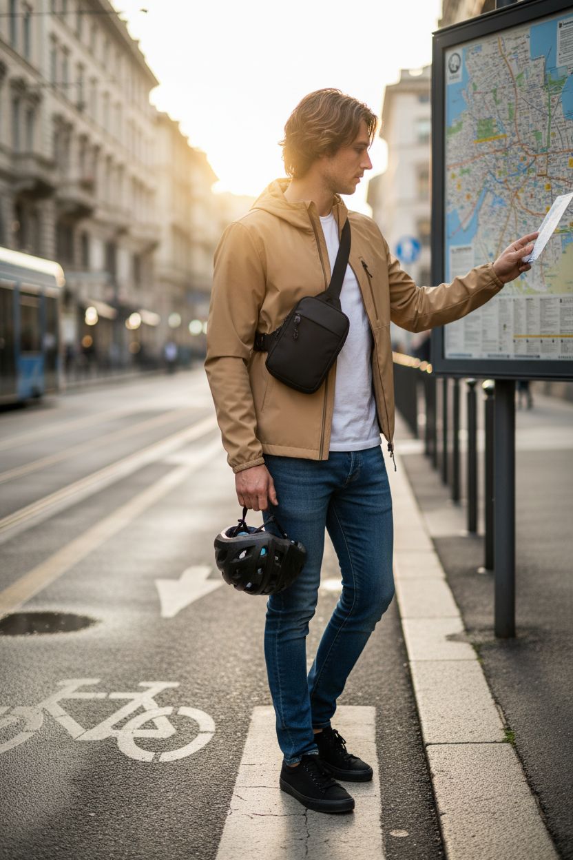 Sleek higouta Mini Sling Bag worn during a morning commute, showcasing its waterproof design.