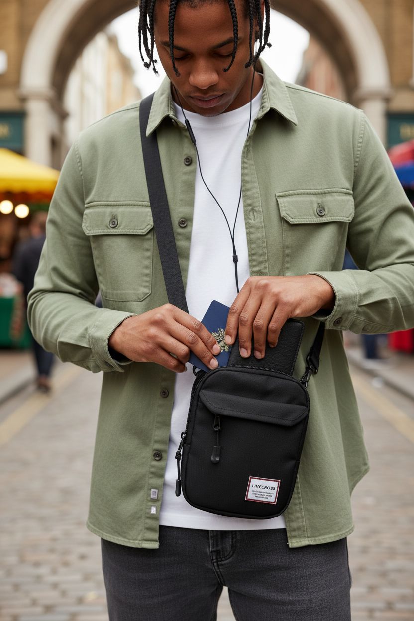 SEAFEW Mini Crossbody Bag for men, showcasing passport wallet and headphone cable in use.