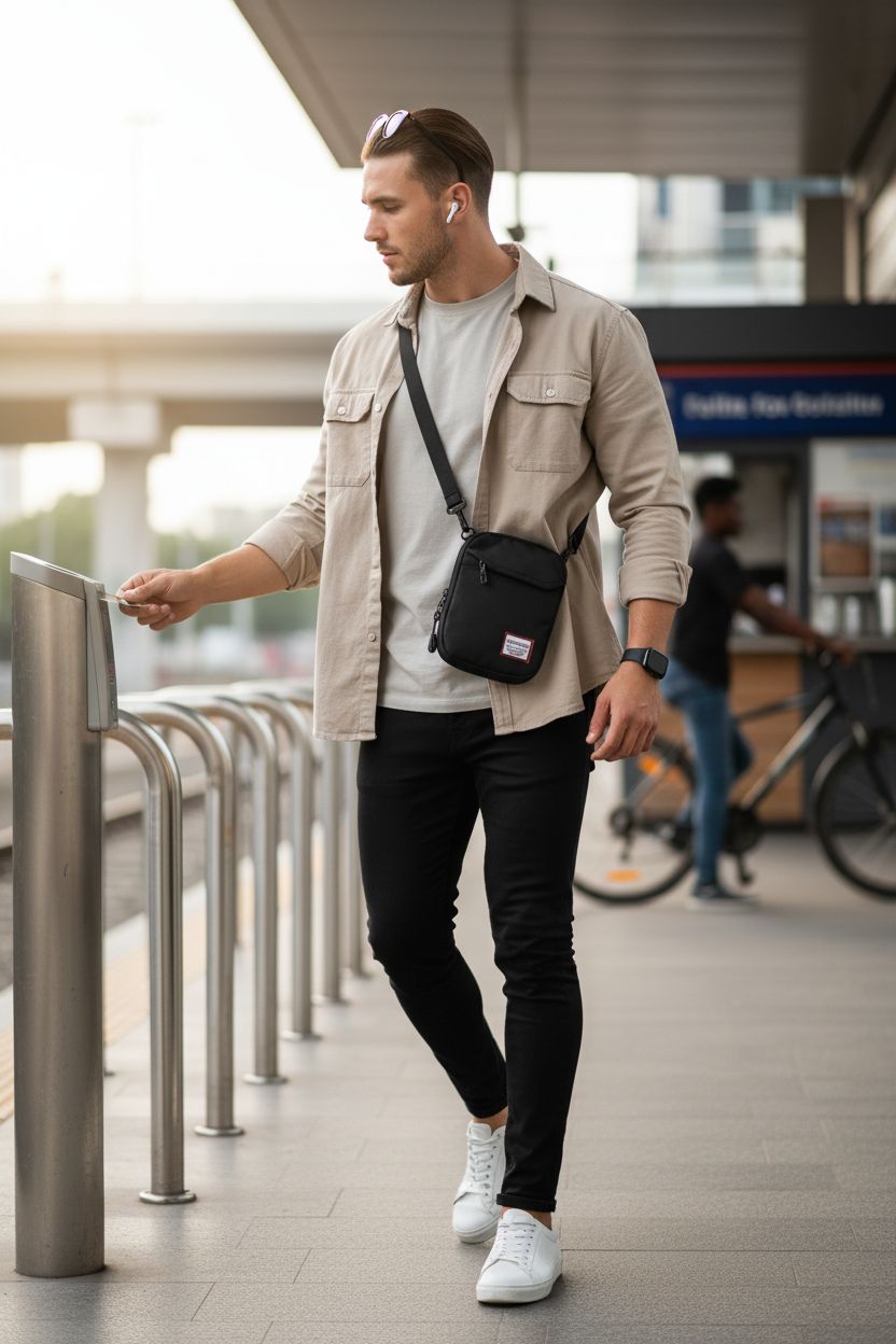 SEAFEW Mini Crossbody Bag worn during morning commute, ideal for hands-free convenience.