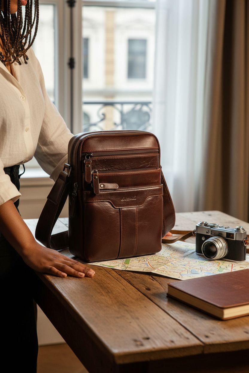 Ariscobull leather bag on a writing desk in a chic hotel room