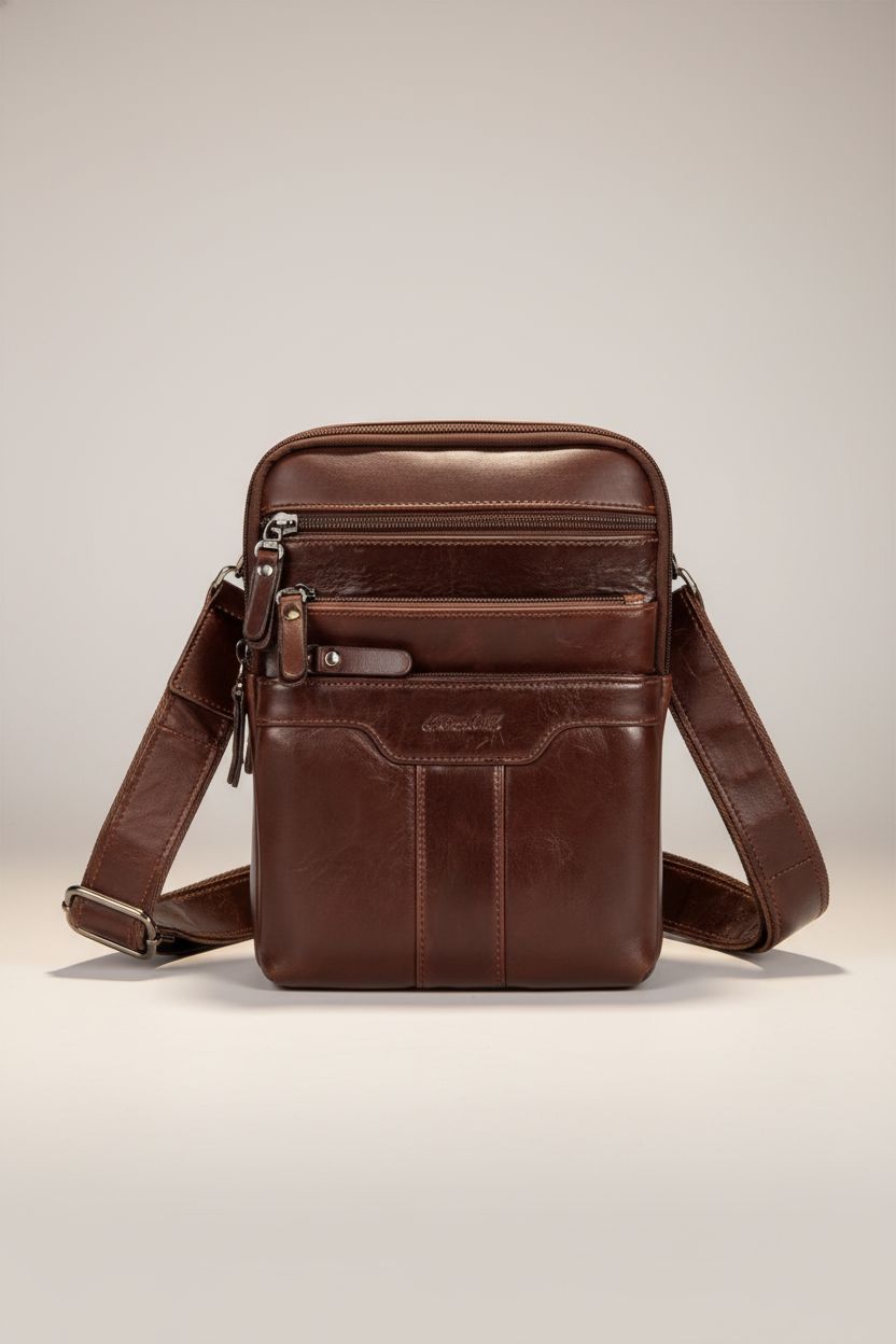 Front view of Ariscobull leather messenger bag showcasing its design