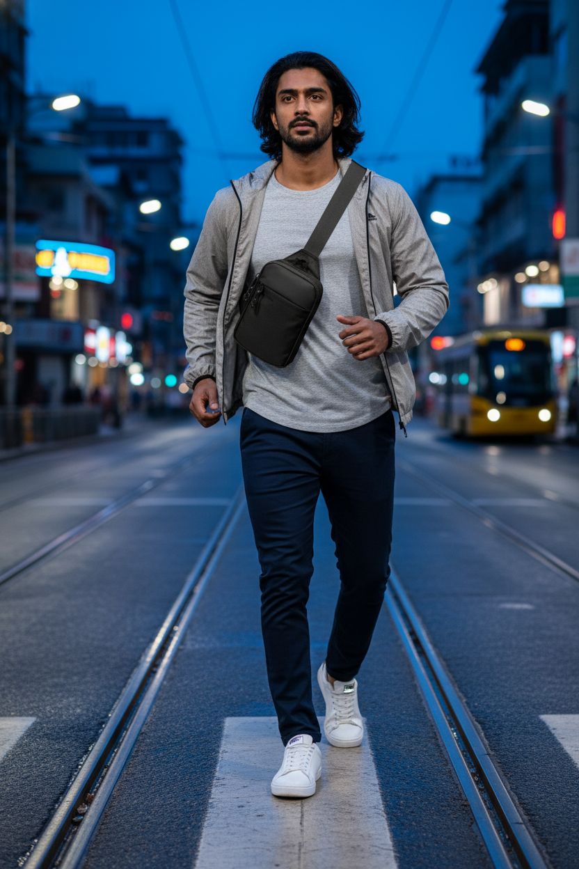 Higouta Mini Sling Bag for men showcased in an urban setting, highlighting its stylish design.